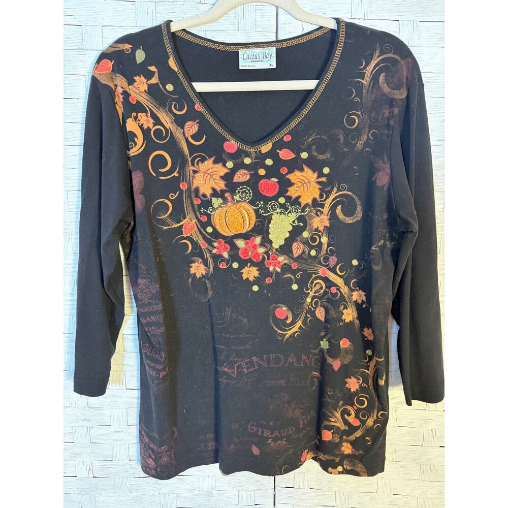 Cactus Bay women’s long sleeve T-shirt fall leaves rhinestones pumpkin patch￼